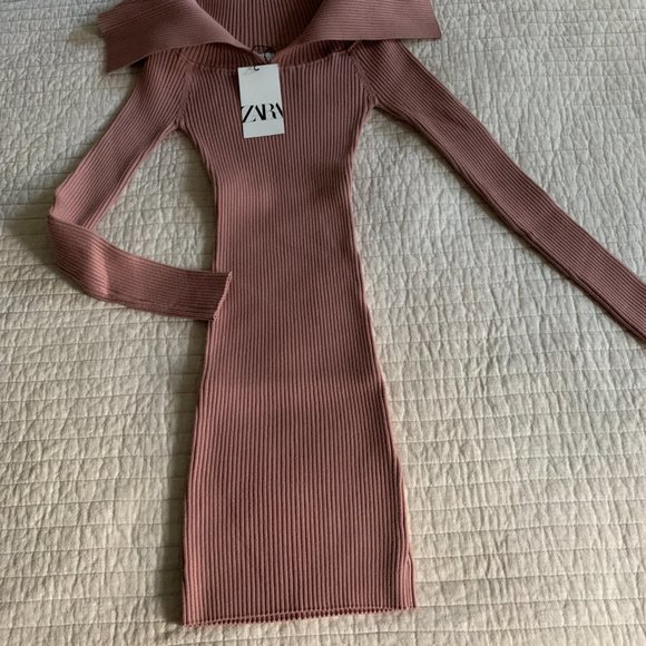 NWT Zara Dusty Rose Stretch Ribbed Sweater Dress, size Medium - Picture 1 of 4